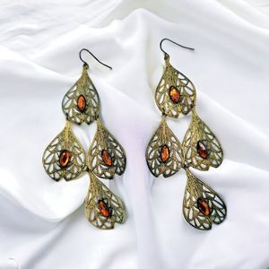 Filigree Leaf Earrings Vintage Long Chandelier Brown Marquise Gem Dangle Drop